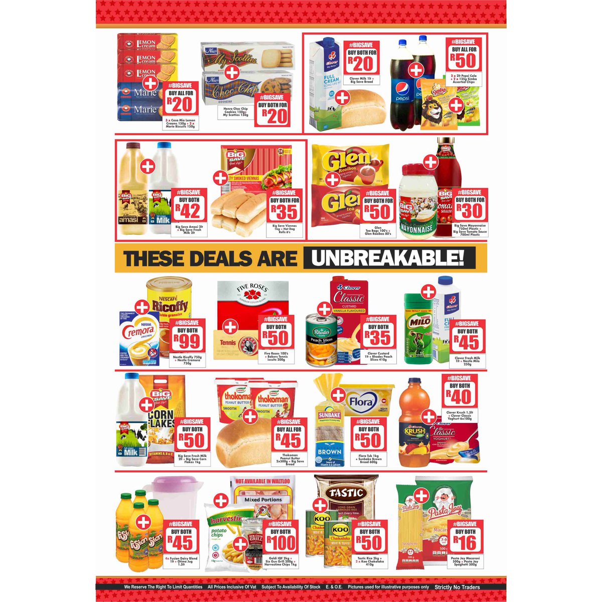 big_save1's tweet photo. Big Saves Crazy Combo deals now on!
Donโt miss your chance to get more for less!
Only available at:
Big Save Hammanskraal
Big Save Waltloo
Big Save Mabopane
Big Save Evaton
Specials valid until the 30 April 2019
#bigsavegoodlife #savings #crazycombodeals https://t.co/uIPot9N7iG