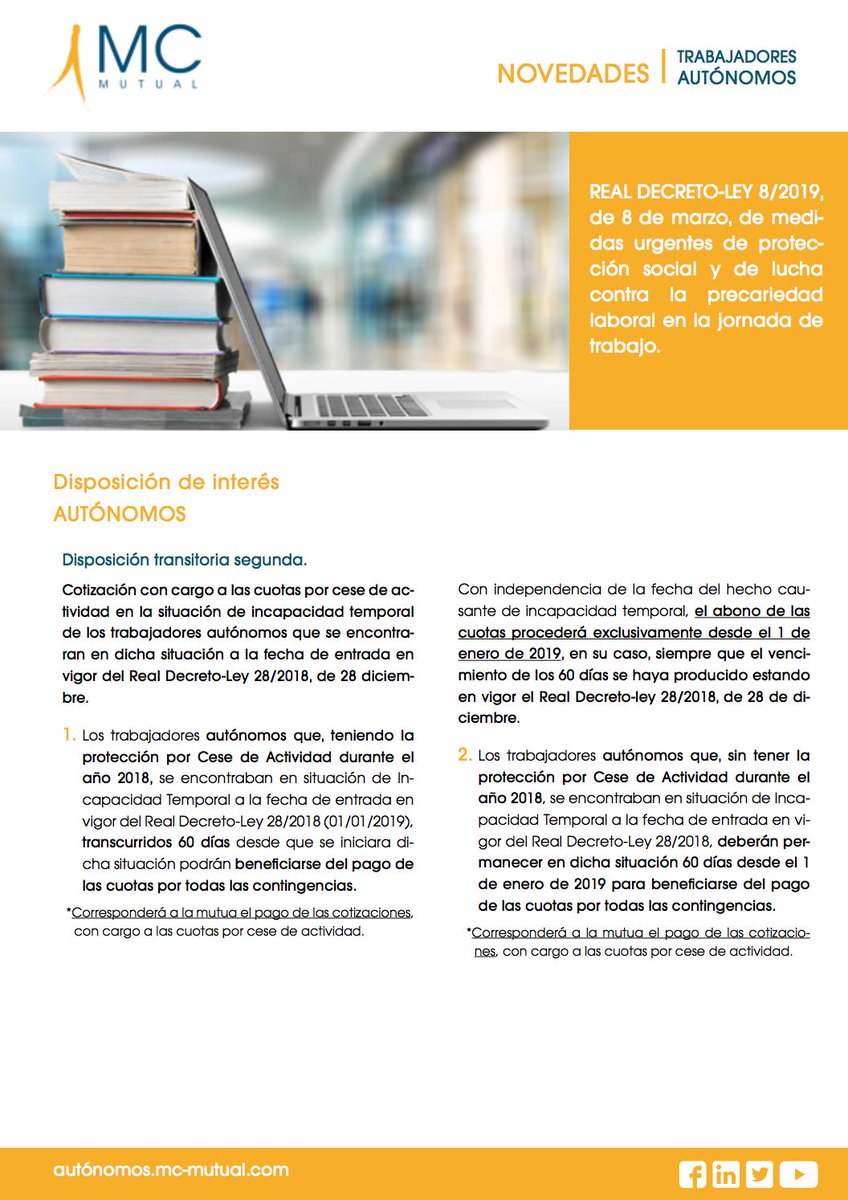 MCMUTUAL's tweet photo. ‼️Cotización por Incapacidad Temporal (IT) de #Autónomos ‼️
Te explicamos las disposiciones de interés del RD-Ley 8/2019 
🔗 https://t.co/uMTOsl4V5a https://t.co/6aGmMHFdRx