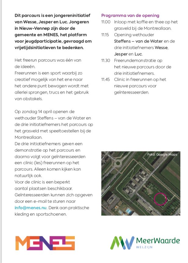 Rachelle_MW's tweet image. Het is MENES 🎉Feestelijke opening freerun parcours Nieuw-Vennep❗️
Kom op zondag 14 april van 11.00-12.30 naar de opening bij de Montreallaan in N-V. Meer info ⬇️ @Simone_MW @MarkMeerwaarde @MeerWaardeInfo @Gijs_MW @menesnu @Msteffenswater #freerun #NieuwVennep #jongeren #MENES