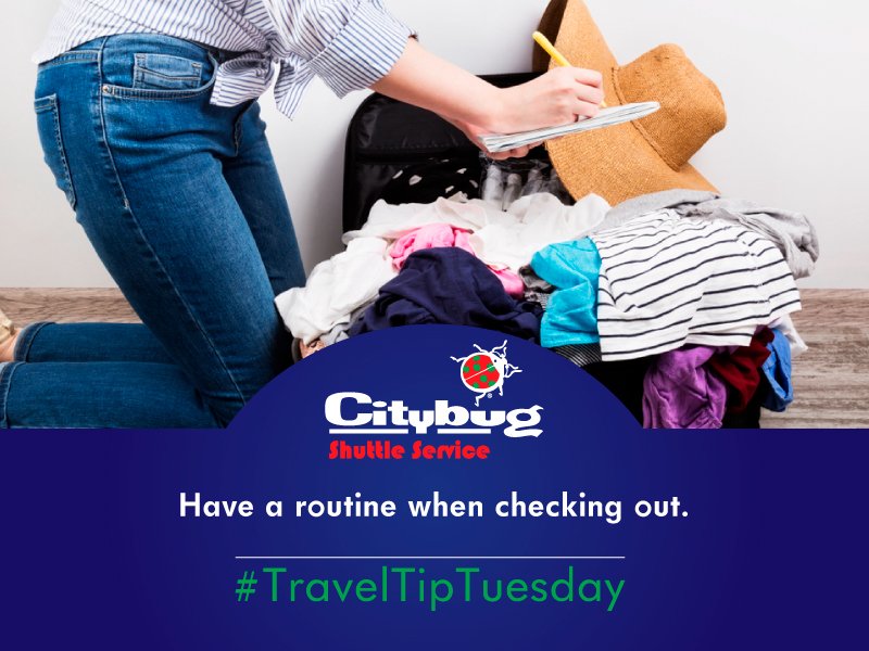 citybugshuttle's tweet photo. Checking out is when you are most likely to lose something. Having a routine/list that you go through every single time will help you keep track of everything. There’s nothing worse than remembering you left something behind when you’re half way home. #Citybug #TravelTipTuesday https://t.co/PYTrKoGK9y
