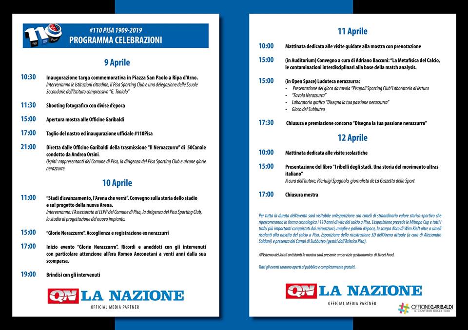 centopisa's tweet photo. IL PROGRAMMA #110PISA 🖤💙
Vi aspettiamo dal 9 al 12 Aprile 2019 #OfficineGaribaldi https://t.co/hThxYiGRYq