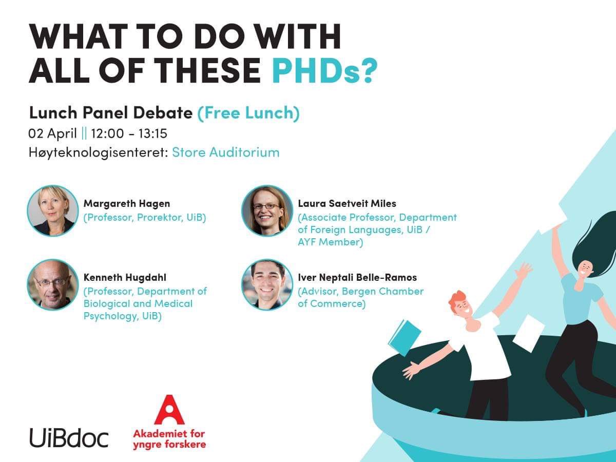 yngreforskere's tweet photo. Welcome to our lunch debate in #Bergen TODAY! with @margarethhagen_ @UiB @KennethHugdahl @saetveit & Iver Neptali Belle-Ramos @BergenChamber #PhD #UiBdoc https://t.co/wXvRKuztTt https://t.co/tRyk8I7Jkk