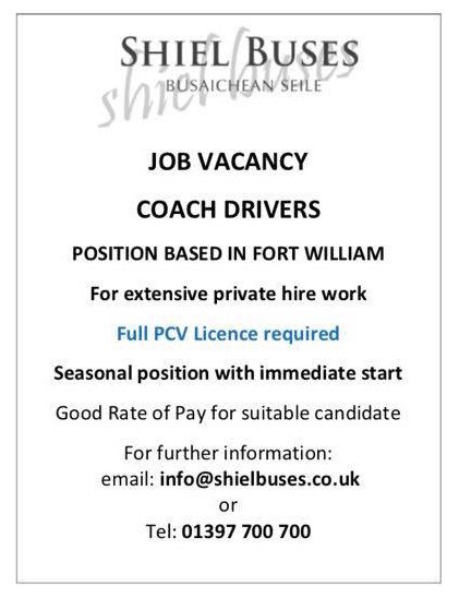 ShielBuses's tweet photo. JOB VACANCY
Coach drivers required for extensive private hire work.
Based in Fort William.
Seasonal position, good rate of pay, immediate start. Must have full PCV licence.
Please email info@shielbuses.co.uk
#busdriver #pcv #pcvdriver #nowhiring #jobsearch #jobalert #careers https://t.co/AAdyBMPCGK