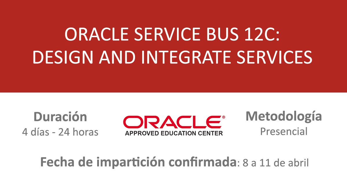 CoreNetworksSL's tweet image. El lunes comenzamos curso #OracleServiceBus 12c: Design and Integrate Services, con instructor experto y certificado por @Oracle_Edu. Grupo confirmado para esta #formación de 24 horas impartida en 4 días. ¡Reserva tu plaza! bit.ly/2JPWSXd