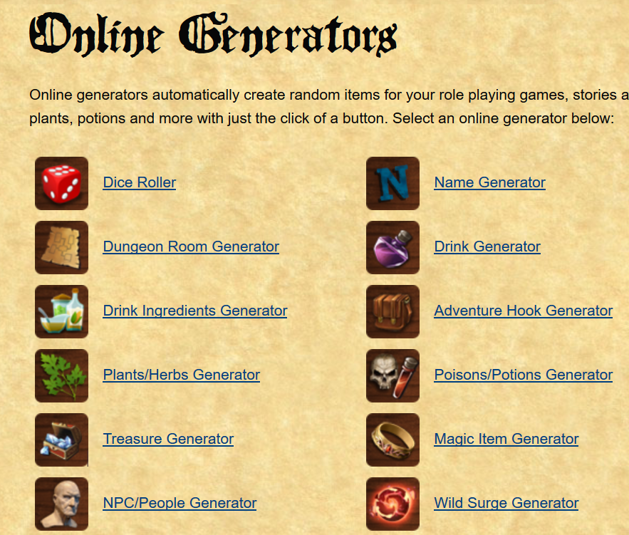 chaosgenerators's tweet image. The Thieves Guild at thievesguild.cc/generators/ has a number of rpg generators. I´ve used the dungeon room generator a few times.

#rpgtools #dnd #dndgenerators #ttrpg