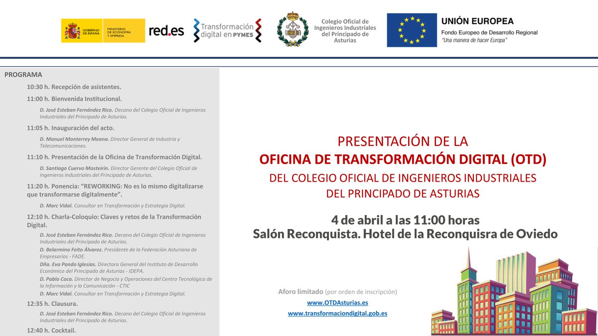 FADEAsturias's tweet image. 🗓El 4 de abril se pone en marcha la Oficina de Transformación Digital de Asturias, donde se abordarán las claves y retos de la #TransformacionDigital y una ponencia sobre #REWORKING  ¡No te lo pierdas!
Inscripciones: buff.ly/2HPCeo9 @coiias