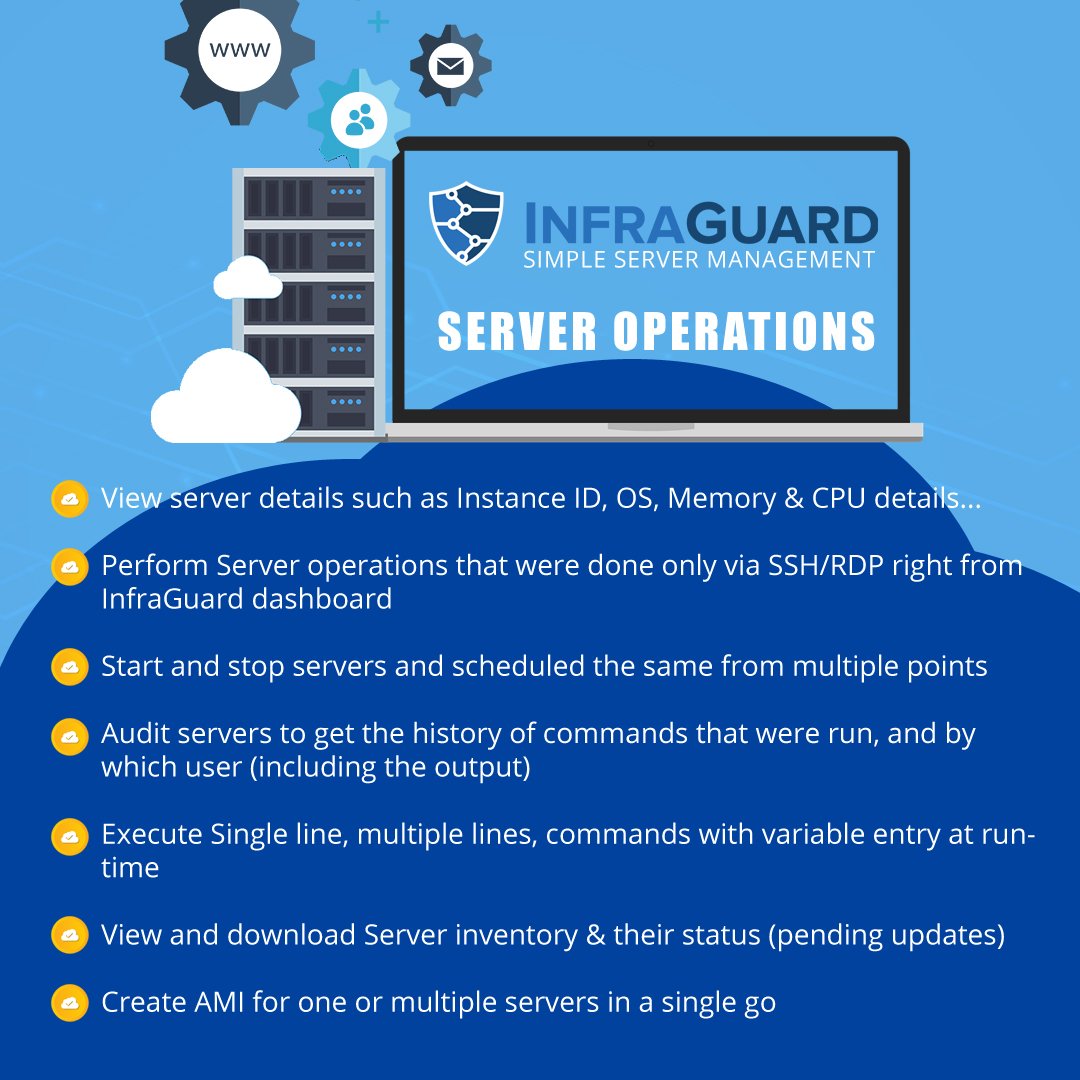 InfraguardIo's tweet photo. What is the simplest way to manage servers? 

A single dashboard to view all important information?
Where we can perform all possible actions on all servers from any cloud platform and any OS?
Should be able to schedule actions and audit everything?

Yes? Welcome, to InfraGuard. https://t.co/mpJQRMjwAV