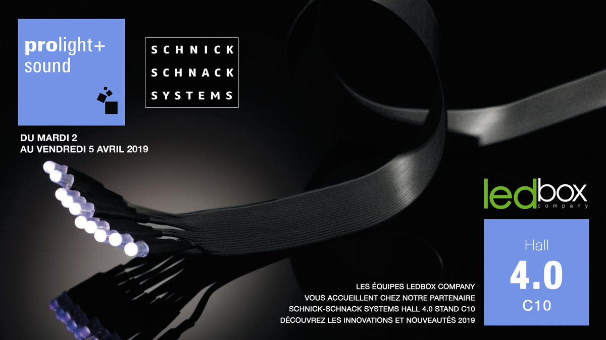 ledboxcompany's tweet image. [SALON] Nous vous attendons chez notre partenaire @Cologne_LED ⤵️
⇢Hall 4.0 stand C10 sur le salon @pls_frankfurt du 2 au 5 mars 2019, Francfort-sur-le-Main (Frankfurt, Germany) !
#pls2019 #messefrankfurt #creativeled #schnickschnacksystems #ledboxcompany
prolight-sound.com