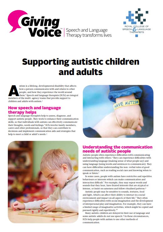 RCSLT's tweet image. Today is #WorldAutismAwarenessDay! How do speech and language therapists support children and adults with autism? Have a look at our factsheet to find out more: bit.ly/2WHspg1 #AutismAwareness