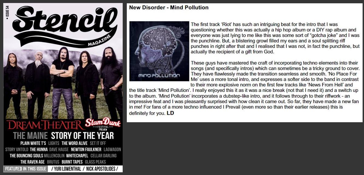ArtGatesRecords's tweet photo. .@NewDisorderBand 's new album #MindPollution review included in the new @stencilmag issue! More info on https://t.co/rdUwZRzsvP #AGR https://t.co/u3j4QxksKt
