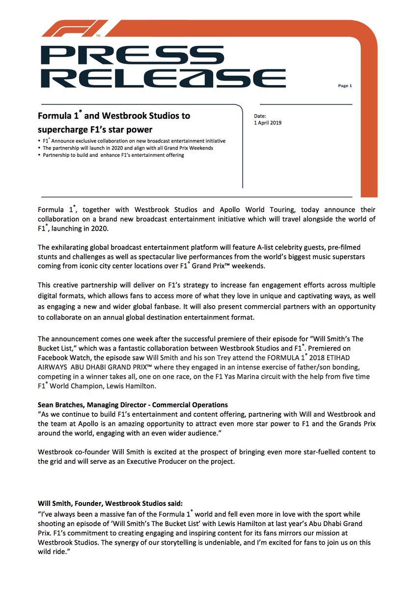 apollo_bc's tweet image. Apollo BC subsidiary, Apollo World Touring, today announces a ground-breaking new Entertainment partnership with @F1 and Westbrook Studios, with Will Smith attached as Exec Producer. Livewire is producing the TV series and CAA representing the project across multiple divisions.
