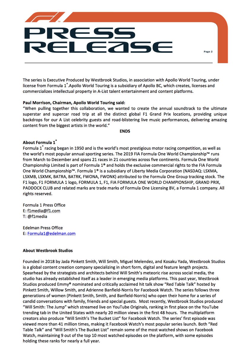 apollo_bc's tweet image. Apollo BC subsidiary, Apollo World Touring, today announces a ground-breaking new Entertainment partnership with @F1 and Westbrook Studios, with Will Smith attached as Exec Producer. Livewire is producing the TV series and CAA representing the project across multiple divisions.