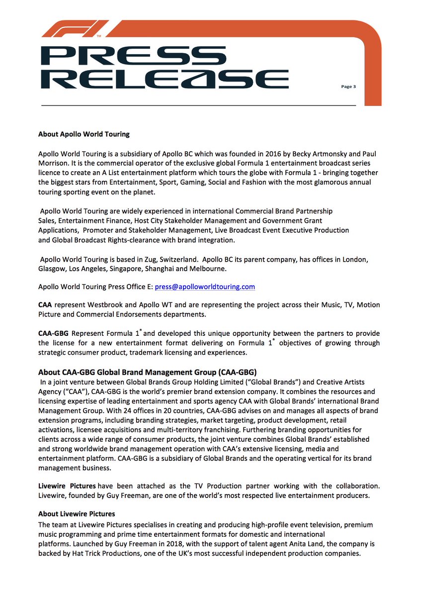 apollo_bc's tweet image. Apollo BC subsidiary, Apollo World Touring, today announces a ground-breaking new Entertainment partnership with @F1 and Westbrook Studios, with Will Smith attached as Exec Producer. Livewire is producing the TV series and CAA representing the project across multiple divisions.