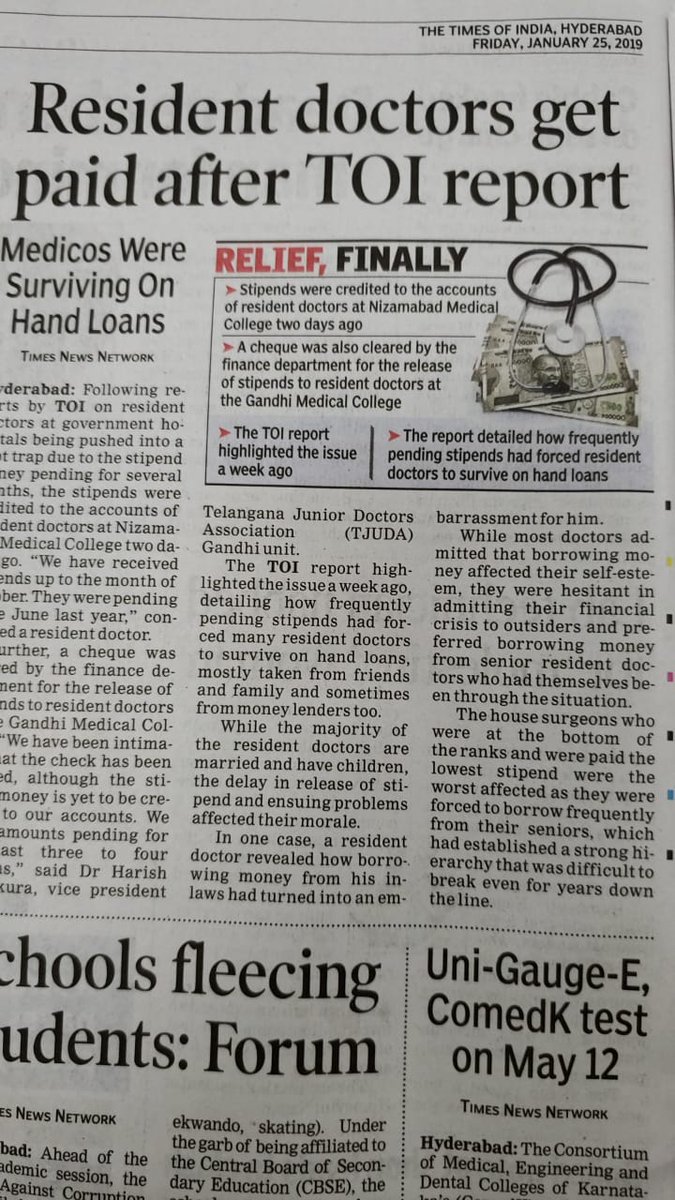 Doctor441263871's tweet image. @KTRTRS ..this is the pathetic situation of MD/DM doctors of telangana govt described in Times of India on Jan 25th 2019...plz go through entire article...why we (doctors) have to suffer..this is published 3 months back..till now OSMANIA MD/DM doctors have not received stipends