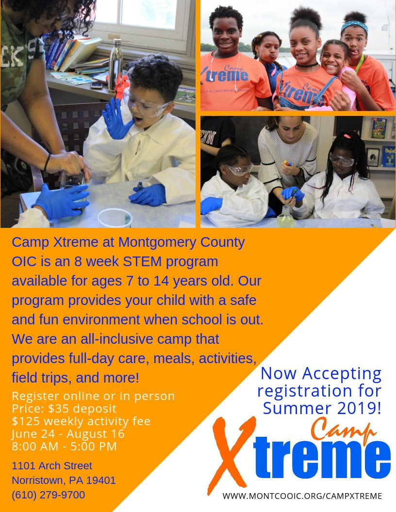 If your child is currently in 6th or 7th grade at <a href="/estlaPanthers/">ESTLA</a>, @StewartMiddle, or <a href="/EastNorritonMS/">East Norriton MS</a> they are eligible for free tuition for <a href="/MontcoOIC/">Montgomery County OIC</a>’s Camp Xtreme thanks to a GEAR UP grant. Parents must submit deposit to reserve your space. Call 610-279-9700 for details.