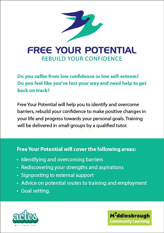 Resourcecntr's tweet image. Free Your Potential helps people to identify &amp;amp; overcome barriers, rebuild their confidence, make positive changes &amp;amp; progress towards their personal goals.
Next course starts here for 3 Mondays on 8th April. 
To book call: 01642 255001 #MiddlesbroughJCP @JCPinDurhamTees