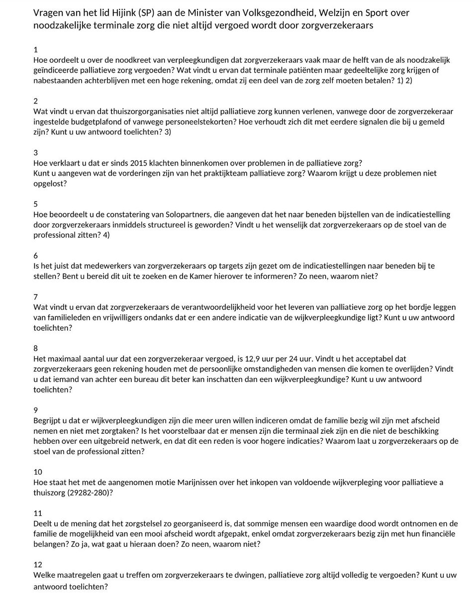 Wie kan beter inschatten hoeveel palliatieve zorg een terminale patiënt thuis nodig heeft? De wijkverpleegkundige of iemand achter een bureau bij de zorgverzekeraar? Zojuist deze vragen ingediend over het ontbreken van palliatieve zorg voor mensen die thuis willen sterven.