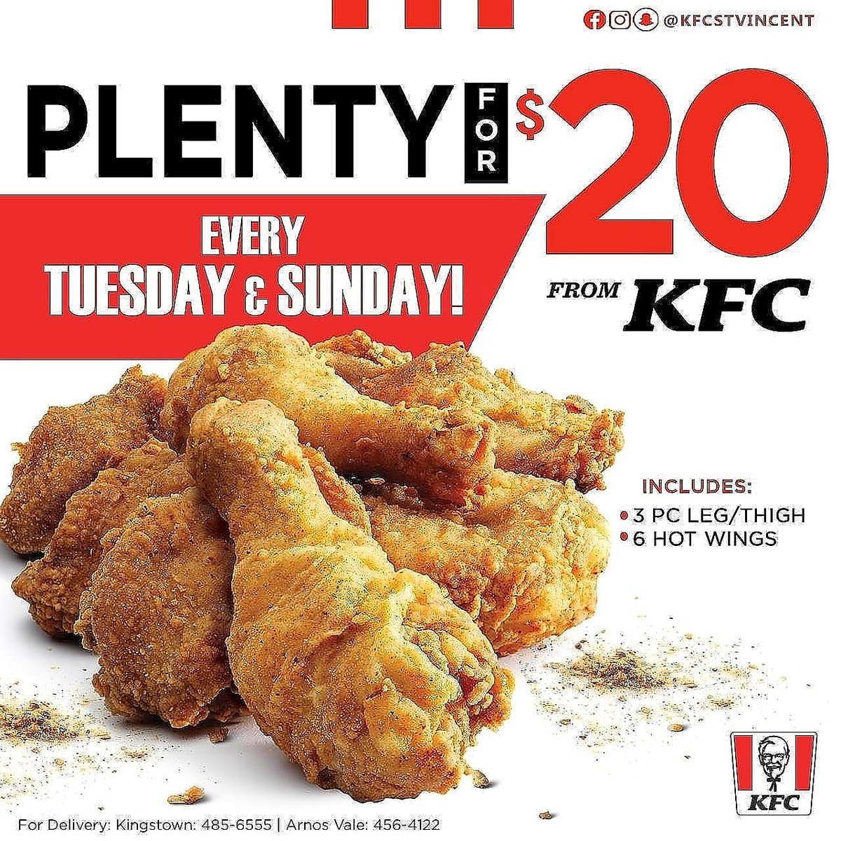 kfc_stvincent's tweet photo. Plenty for $20 Tuesdays are back at KFC!
Get 3pc Leg & thigh + 6 hot wings for ONLY $20! #WhattaDeal!
Available today at KFC!
For Delivery:
Kingstown: 485-6555
Arnos Vale: 456-4122
#KFCStVincent #KFCSVG #itsFingerLickinGood https://t.co/UcS6viORf1