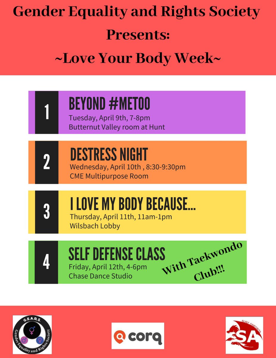 OneontaGSRC's tweet image. Did you know April 9th - 12th is Love Your Body Week? GEaRs has a week full of events for you to attend, so check out the flyer to see more!
