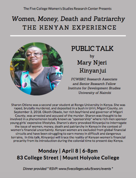 McCullochCenter's tweet photo. Join the FCWSRC on 4/8 from 6-8pm for a talk on "Women, Money, Death and Patriarchy: The Kenyan Experience" by Mary Njeri Kinyanjui (FCWSRC Research Associate &amp; Senior Research Fellow, Institute for Development Studies, University of Nairobi). To RSVP: https://t.co/J0osduxwwL https://t.co/er9SUWNHhe