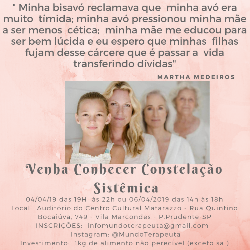 InformaSecult's tweet photo. Constelação Sistêmica
Dois encontros nesta semana, quinta-feira (4) às 19h e sábado às (6) às 14h, no Auditório Sebastião Jorge Chammé, no Centro Cultural Matarazzo com a palestrante Lígia Correia para falar sobre Constelação Sistêmica.
https://t.co/pLGtCcacHR https://t.co/YCqMmpCKv6