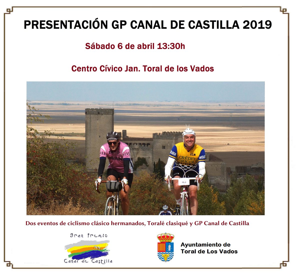 gpcanalcastilla's tweet photo. La tierra de la #toraleclasique nos acoge este sábado en la presentación del #gpcanaldecastilla19 #toraldelosvados #elbierzo #ponferrada #leon #Retrociclista #cicloturismo #ciclismo #canaldecastilla #medinaderioseco #ampudia #rutadelvinocigales Acojonante Team https://t.co/Z4HFqLf8do
