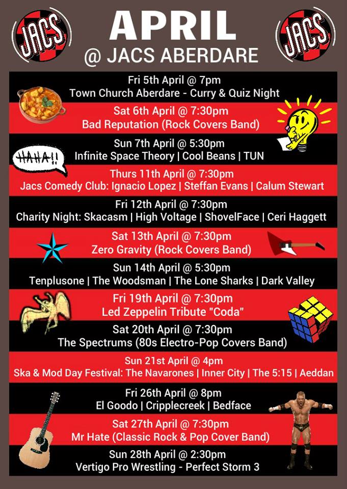 THIS APRIL at Jacs Aberdare we have plenty of exciting artists performing and interesting events going on. Check out our monthly listing below! 
#whatsonapril #aberdaremusic #livemusic #southwales #southwalesmusic #aberdare #mountainash #cwmbach #trecynon #gadlys #cwmdare #artist