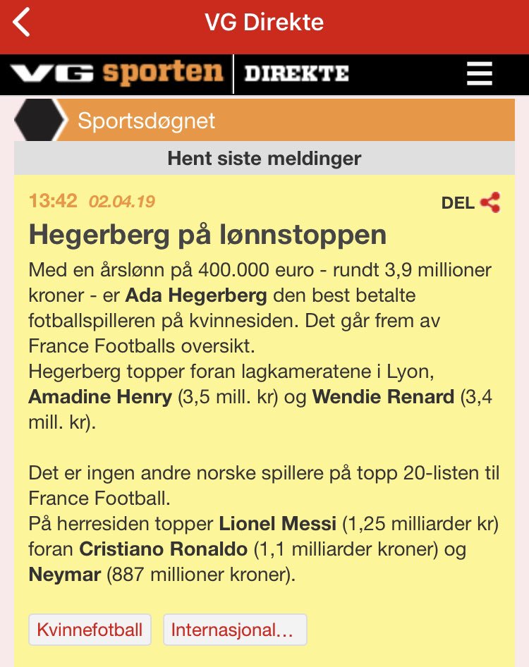 JoachimB39's tweet photo. Ada Hegerberg tjener 3,9 millioner (fortjener hver eneste krone) som best betalte kvinne. Messi og Ronaldo er begge over milliarden. Så det er fortsatt litt å jobbe med. https://t.co/WzZjYdociY