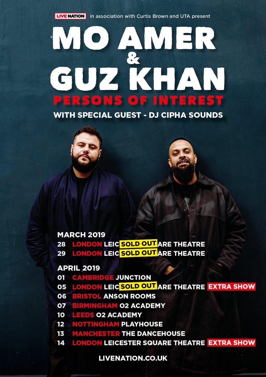 CBGComedy's tweet image. Reminder- Buy your tickets now for the additional date on the Persons of Interest Tour with Mo Amer and Guz Khan.

14th April at Leicester Square Theatre.

livenation.co.uk/show/1253949/m…

@GuzKhanOfficial #PersonsOfInterest