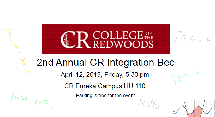 TamiMathCR's tweet photo. #IntegrationBee at #CR_Eureka Friday #Apr12 5:30pm HU110.
All #Calculus students are welcome! Compete as an individual OR in a team of 2. To register, or for info/last year's problems, email Brad-Morin@Redwoods.edu @redwoodstweets #Mathematics! https://t.co/iqt1TaykFC