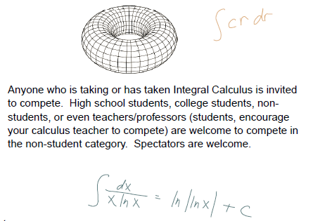 TamiMathCR's tweet photo. #IntegrationBee at #CR_Eureka Friday #Apr12 5:30pm HU110.
All #Calculus students are welcome! Compete as an individual OR in a team of 2. To register, or for info/last year's problems, email Brad-Morin@Redwoods.edu @redwoodstweets #Mathematics! https://t.co/iqt1TaykFC