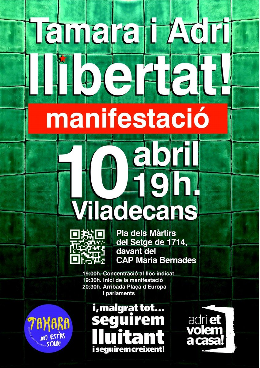 CDRCatOficial's tweet photo. Aviat farà un any que la ràtzia de l'estat va apuntar l'Adri @EtVolemACasa i la Tamara @EstasTamara.

Davant la repressió, ens trobaran juntes, fermes i desobedients!

📍Dissabte 6 d'abril | #Esplugues

📍Dimecres 10 d'abril | #Viladecans

#MalgratTotSeguiremLluitant 
#CDRenXarxa https://t.co/GQzisW0Qnn