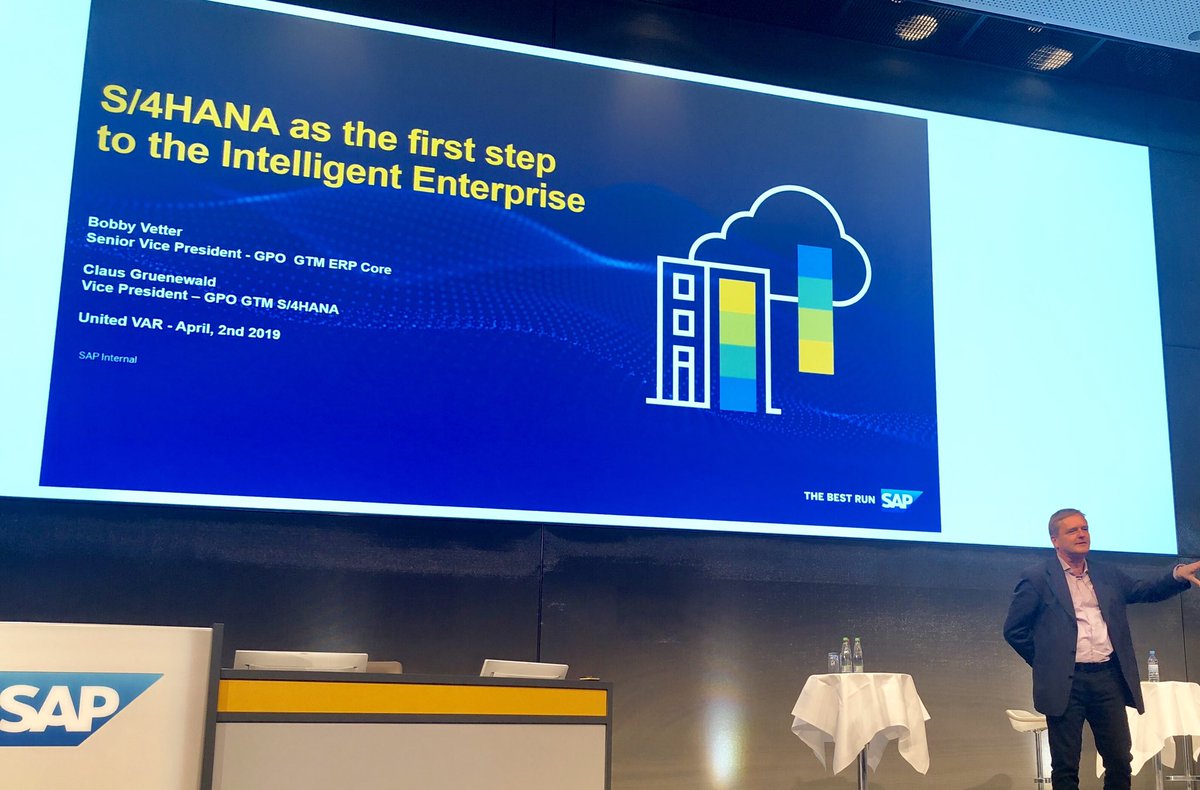 Now it’s @BobbyVetterSAP‘s turn on stage @UnitedVARs  to tell the audience how #SAP can support and drive the intelligent enterprise: #AI #ML  #Analytics integrated in all solutions, one platform as a basis. We @AllforOneSteeb can help in all areas!