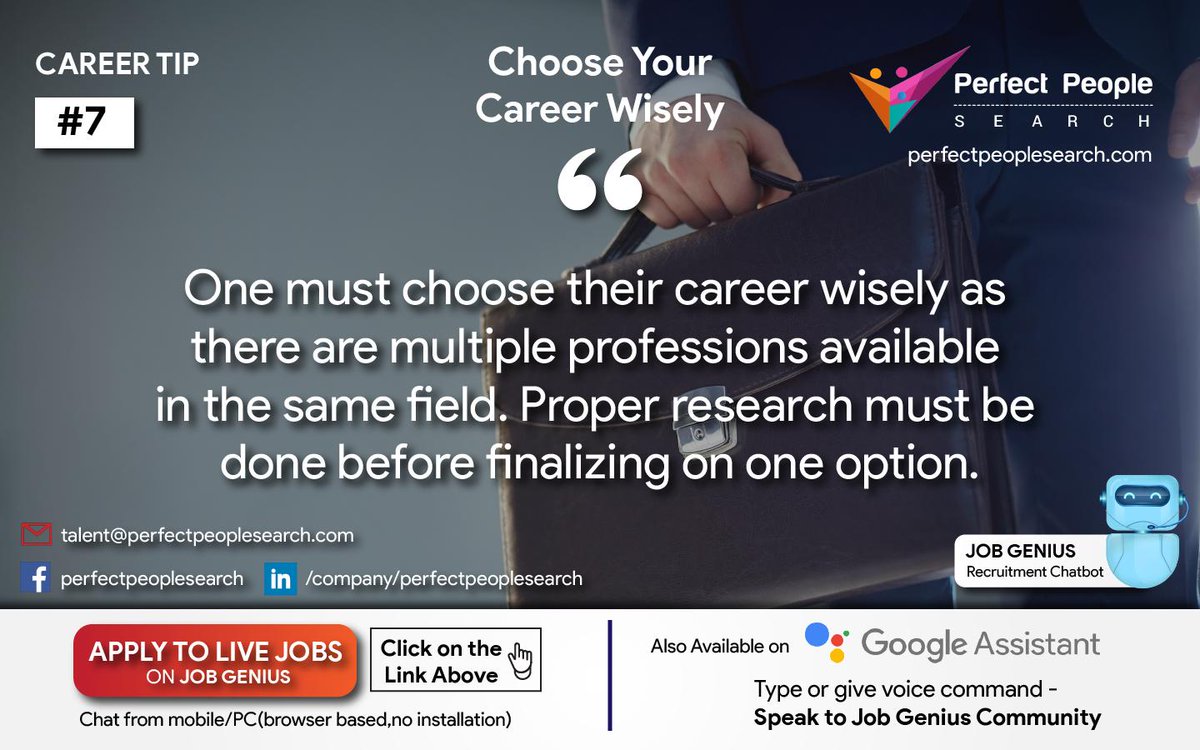 RakeshGhumatkar's tweet photo. [Career Tip#7] Choose Your Career Wisely
Check out our Live JOB GENIUS here: https://t.co/j6iwWTQxSC

#recruitmentchatbot #careers #careertips #careeradvice #jobadvice #jobtips #careertips #perfectpeoplesearch #jobgenius #jobseekers #automation #jobautomation https://t.co/bujOIJqQZG