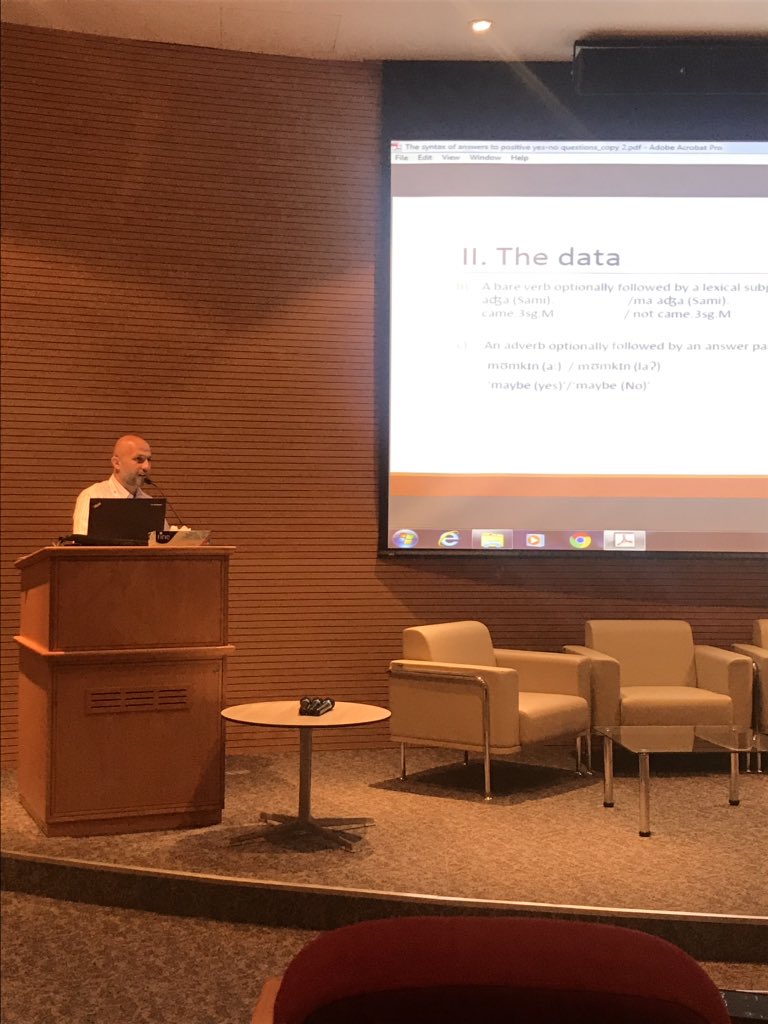 NoussyBiba's tweet photo. Dr. Osama Omari from Yarmouk University presenting his research on  The Syntax of Answers to Positive Polar Questions In Jordanian Arabic.
#LGC6 #QU_Dell @QU_DELL https://t.co/D1FUq4US7P