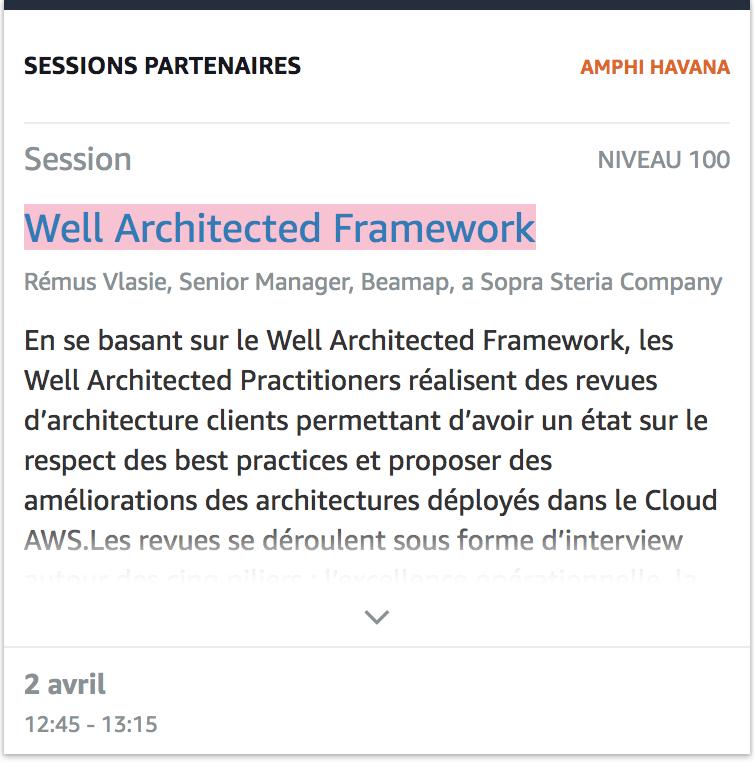 Beamap's tweet photo. Dans à peine 10 minutes !!! 
La session partenaire "Well Architected Framework" avec Rémus Vlasie, senior manager chez Beamap @SopraSteria_fr
12h45, Niveau 100
Palais des Congrès, #awssummit
#excellence #cloudsecurity #performance #resilience #FinOps https://t.co/2piTMQAULR
