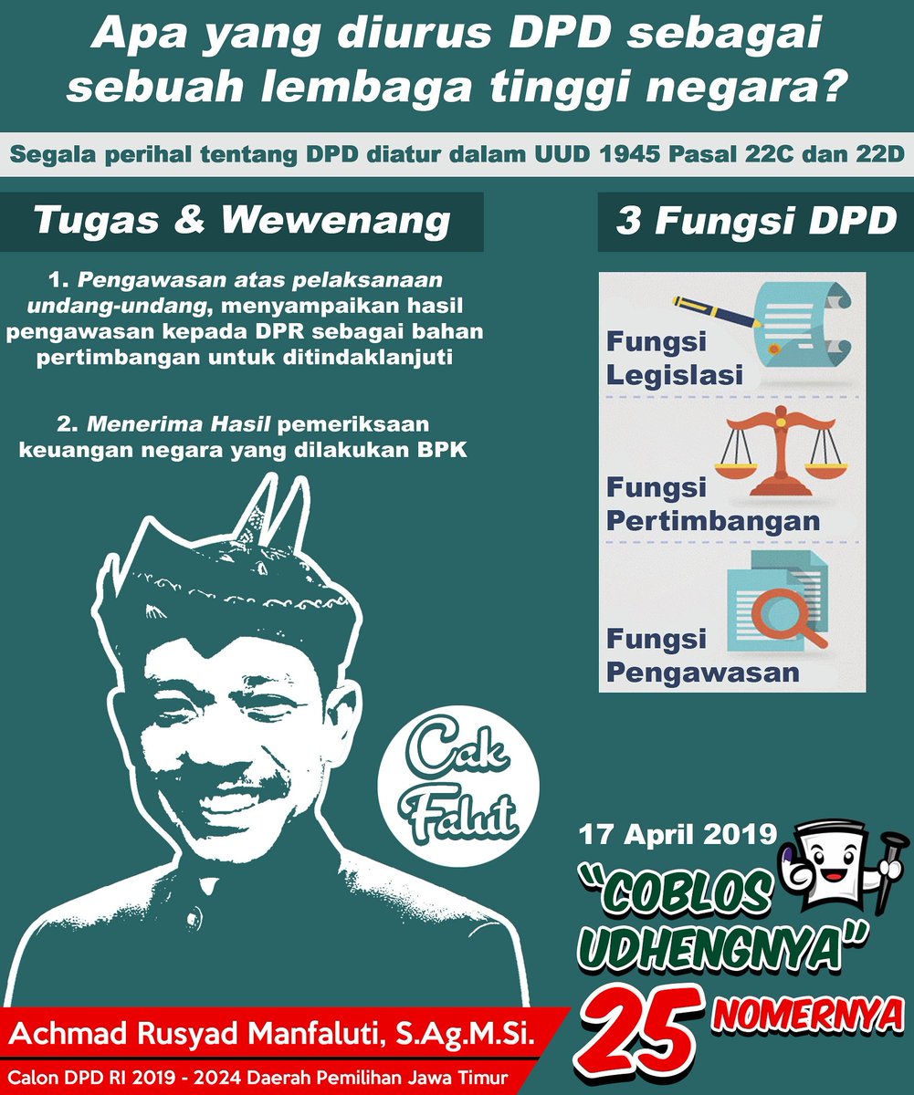 Tiga (3) Fungsi DPD RI, diantaranya adalah 
1. Legislasi 
2. Pertimbangan, dan
3. Pengawasan.

- Cak FALUT -
Calon DPD RI 2019 - 2024 
Daerah pemilihan Jawa Timur 
No. 25 

#25 
#cakfalut 
#achmadrusyadmanfaluti 
#wongjatimsatuspersen 
#coblosudhengnya 
#25nomornya 
#dpdri25
