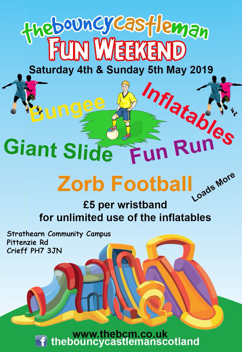 The Bouncy Castle Man is back at StrathearnCC for the Annual <a href="/CrieffJuniorsFC/">Crieff Juniors FC</a> Football Festival 4&amp;5 May 2019! 

With over a dozen castles, slides and inflatable games to choose from it's sure to be a great day out for the kids
Only £5.00 per wristband for unlimited play all day
