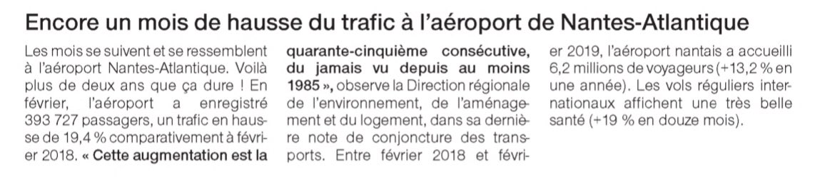 Trafic #NANTESATLANTIQUE : + 19,4 % sur février 2019 vs février 2018 Le survol de @NantesMetropole va devenir insupportable !! 🥵😡 @EmmanuelMacron @EPhilippePM @FdeRugy @Elisabeth_Borne , qu’attendez-vous pour rouvrir le dossier du transfert depuis l’abandon #NDDL ??