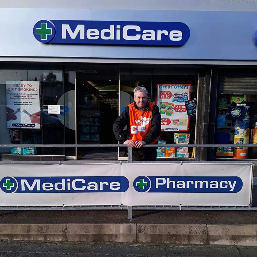 Multiple Sclerosis Community . Wednesday 27th February 2019 . Medicare Pharmacy. Kings Square Shopping Centre. Dundonald. £118.67. Thank you very much to everyone who donated to support people living with Multiple Sclerosis in Northern Ireland .