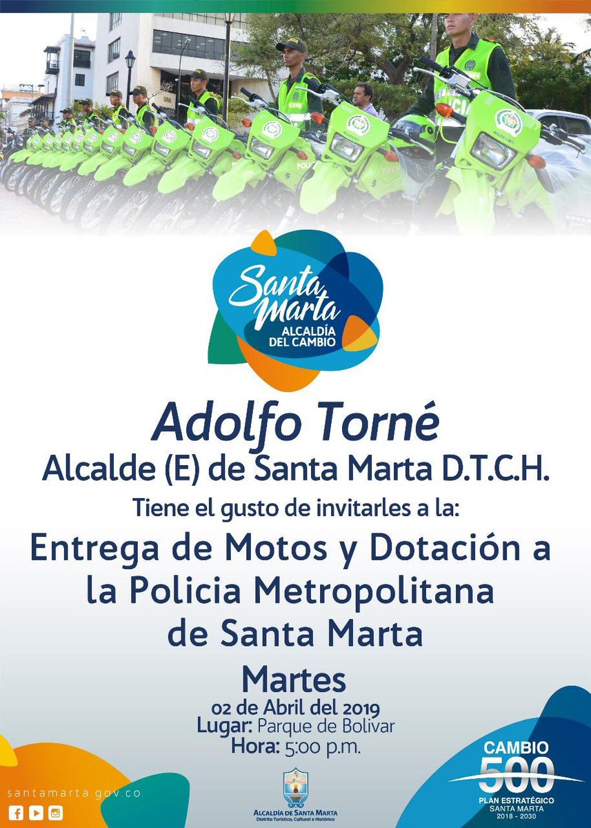 Hoy nuestro alcalde (e) <a href="/adolfotornes/">Adolfo Torne</a> hará entrega de motos y dotación para la operatividad de <a href="/PoliciaStaMarta/">Policía Metropolitana de Santa Marta</a>. La seguridad es un compromiso prioritario de <a href="/SantaMartaDTCH/">Alcaldía de Santa Marta</a>