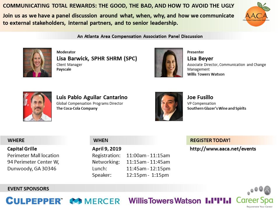 CompTalk101's tweet photo. Have you registered for the April 9th #AACA event, "Communicating Total Rewards"? Hear from Willis Towers Watson, PayScale, The Coca-Cola Company and Southern Glazer's Wine & Spirits. Lunch and learn with us! https://t.co/QQcATxgtiq #CompTalk101 https://t.co/2u2vdrpTV6