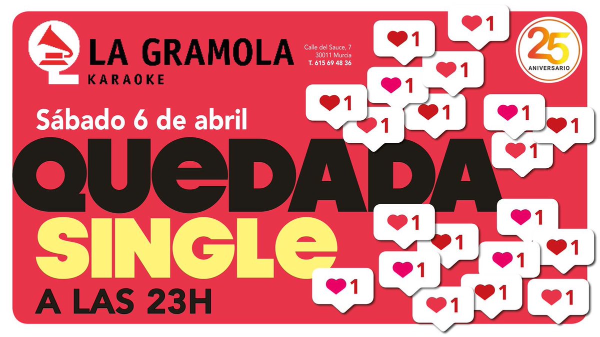 ¡La Primavera la sangre altera...y por eso en La Gramola organizamos este sábado una nueva nuestra Quedada Single para solteros y solteras!

Ven a Karaoke La Gramola este sábado 6, organizamos junto a  SolterosDeMurcia.com una QUEDADA SINGLE a partir de las 23h.

#Murcia