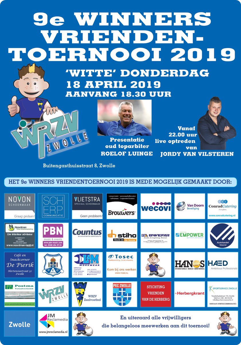 9e WINNERS vriendentoernooi 2019 op ‘witte’ donderdag 18 april in de WRZVhallen mogelijk gemaakt door onderstaande #mvo bedrijven en organisaties👊🏻