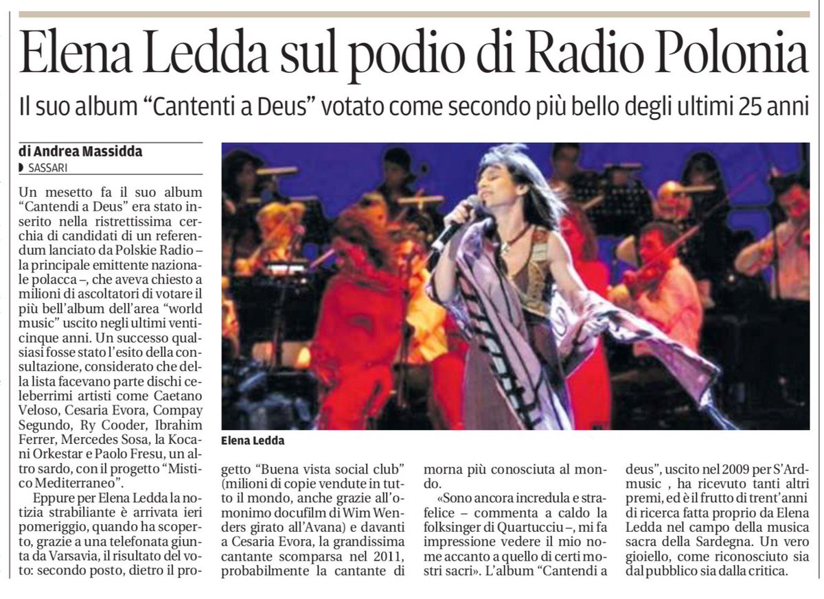xelenaledda's tweet photo. Results of  music poll "25 on 25" with the best World music albums of the last 25 years
1. Buena Vista Social Club  Buena Vista Social Club
2. Elena Ledda Cantendi a Deus
3. Cesaria Evora Cesaria
Radiowe Centrum Kultury Ludowej Polish Radio Center for Folk Culture
Grazie!😎 https://t.co/vpR9mt4eZu