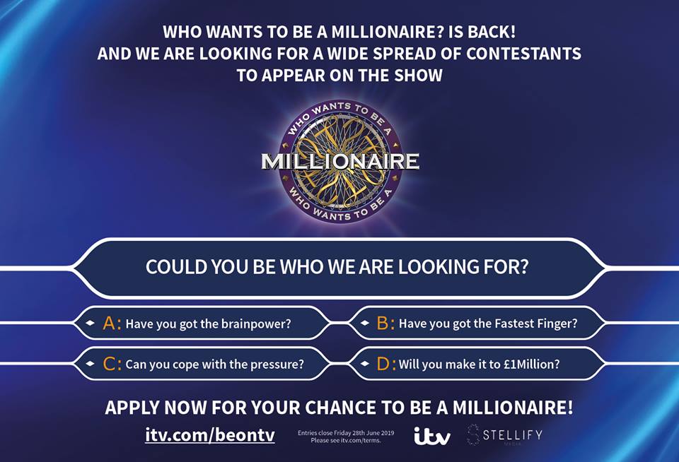 We're looking for the next bunch of brave brains to take to the hot seat! Do you have what it takes to reach the £1m jackpot? Then apply for Who Wants to be a Millionaire NOW! itv.com/beontv #whowantstobeamillionaire