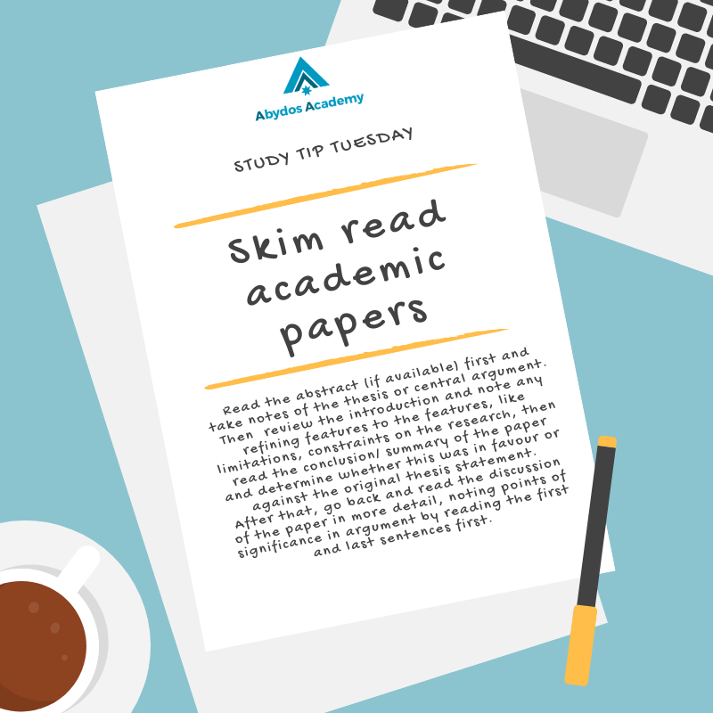 AbydosAcademy's tweet photo. Reading academic papers is a skill you will need to develop to be successful in university.

Skim read first, then review and review and review. 

#tiptuesday #studytip #tuesday #studygram #learning #student #study #tip https://t.co/JlAVaUVaTm