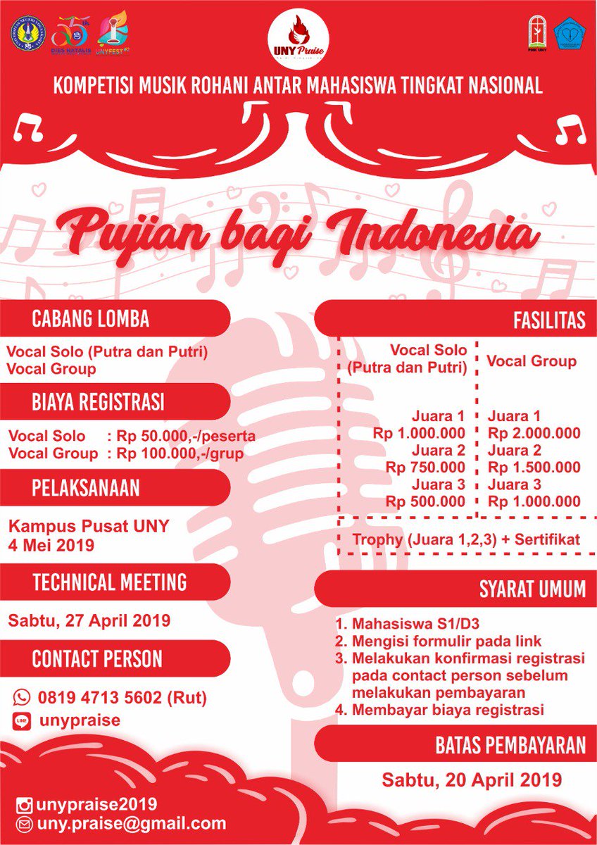 ikmk_uny's tweet photo. 🔊🎶 KOMPETISI MUSIK ROHANI ANTAR MAHASISWA TINGKAT NASIONAL : UNYPRAISE "PUJIAN BAGI INDONESIA"🎶🔊

Formulir pendaftaran 
https://t.co/8L8ezWeQK0
Syarat dan ketentuan lebih lanjut dapat dilihat di https://t.co/Jhk5ruLSH7
📱More Info :
WA : 0819 4713 5602 (Ruth)
Line : unypraise https://t.co/ODg17FTXq8