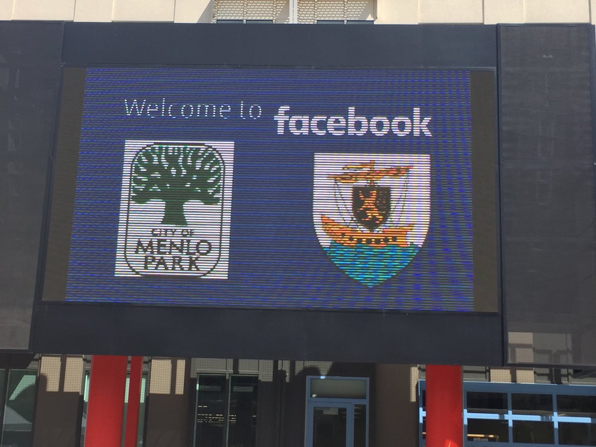 Facebook HQ Silicon Valley June 2016 big screen celebrates City of Menlo Park &amp; Galway as Sister Cities.
Facebook HQ is based in Menlo Park CA.   Galway TD Hildergarde Naughton meets Mark on official business today