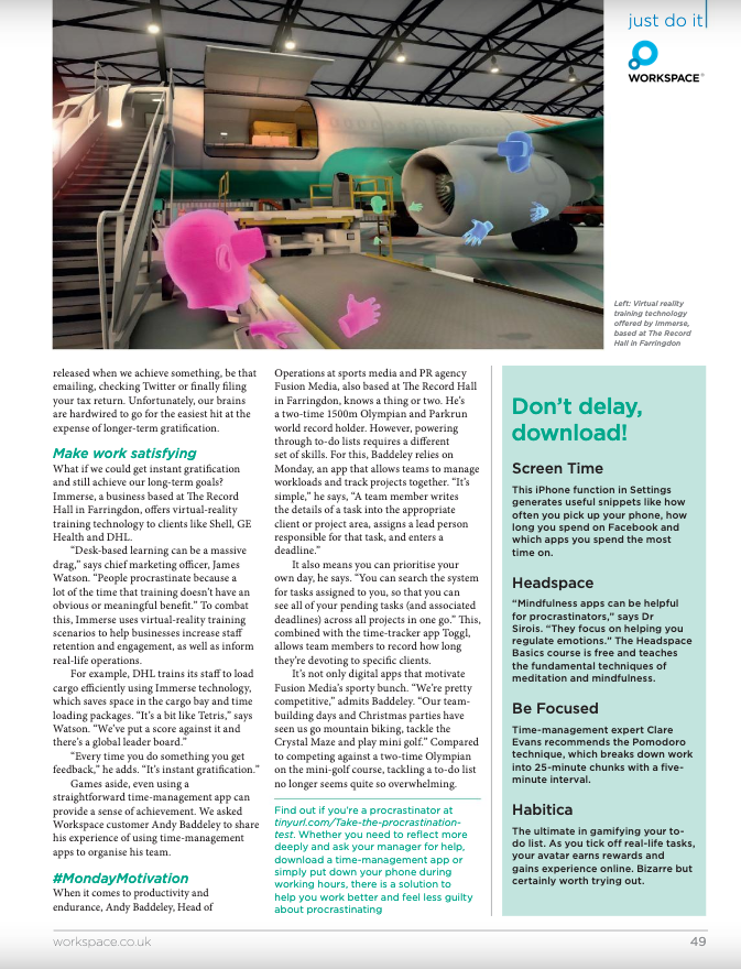 immerse's tweet photo. We contributed to an article for the @WorkspaceGroup magazine looking at how to avoid procrastination at work. Not surprisingly, our view is that VR training is the perfect solution! #VR #virtualreality #training #b2bvr #workspaces https://t.co/xBxPI5bhks